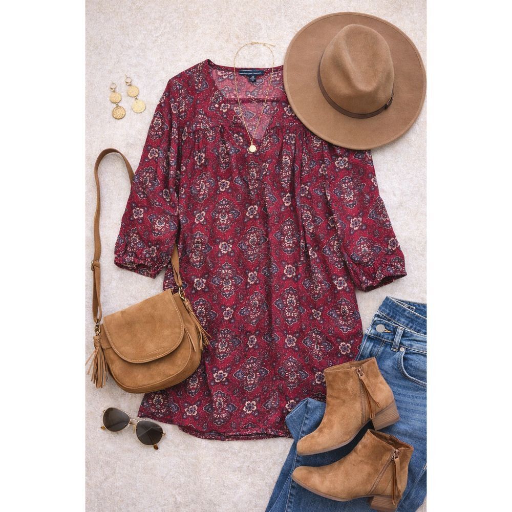 American Eagle Boho Tunic Dress Top L Red Paisley Festival Blouse Cottagecore
